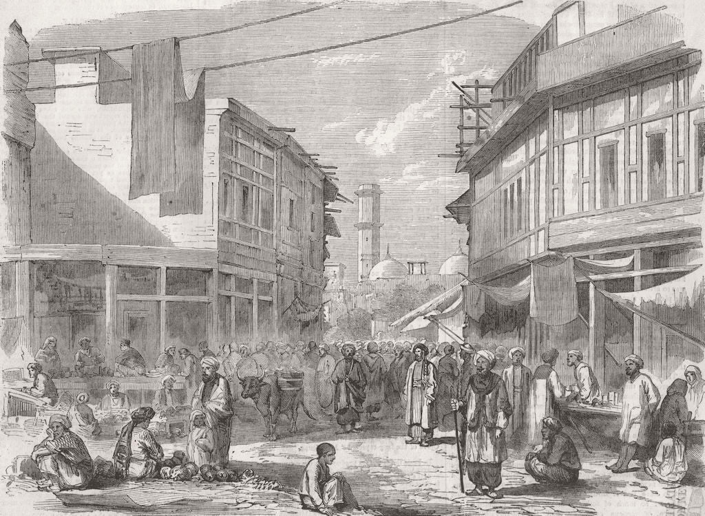 PAKISTAN. Street and Bazaar, Peshawar 1858 old antique vintage print picture